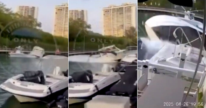 Impactante accidente de yate en Miami: La embarcación salió volando y volcó tras chocar en un muelle